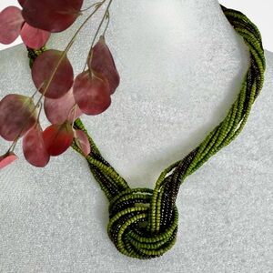 Green Multi Strand Seed Bead Knot 20” + 2” Extender Boho Statement Necklace